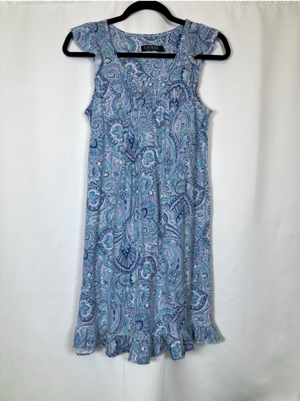 Lauren Ralph Lauren Blue Paisley Sleeveless Ruffle Nightgown Sz Sm - Picture 1 of 8